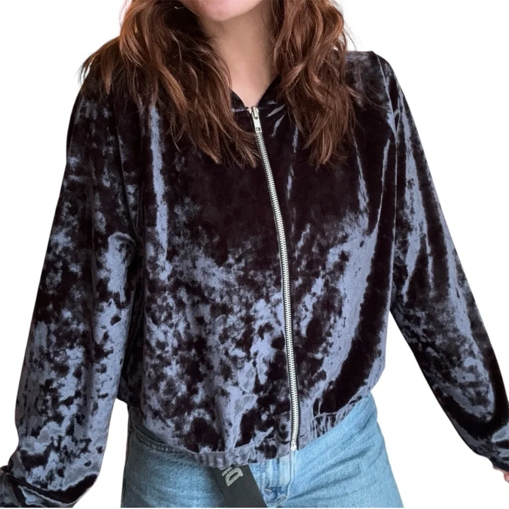 La Senza Black Crushed Velvet Velour Full Zip Cropped Y2K Track Sweater M - Picture 11 of 11